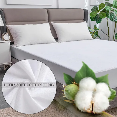 Vista 4 de Protector de colchón de rizo de algodón de alta calidad, 100% impermeable, con bolsillos elásticos, lavable a máquina, funda de colchón de algodón