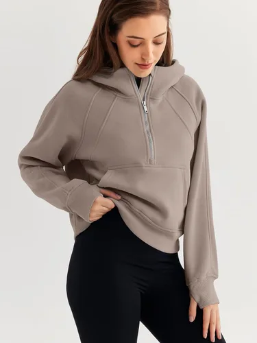 Vista 3 de WYNNQUE Sudadera corta con capucha para mujer, manga larga, forro polar, media cremallera, ropa de otoño