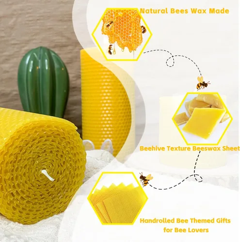 Vista 3 de Juego de 3 velas de pilar de cera de abejas, tamaño 3 x 6 pulgadas, 3 x 4 pulgadas y 3 x 3 pulgadas, hoja de vela de cera de abejas naturales