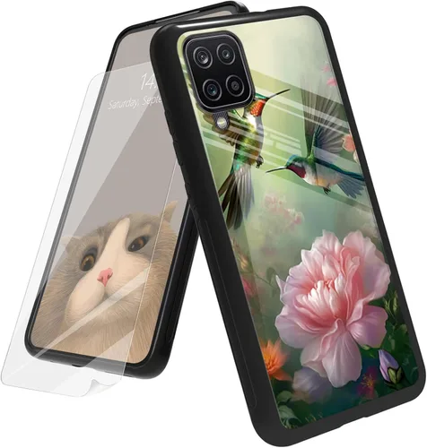 Vista 172 de Funda para Samsung Galaxy A12 5G con protector de pantalla, parte trasera de vidrio templado + TPU de silicona suave que absorbe los golpes