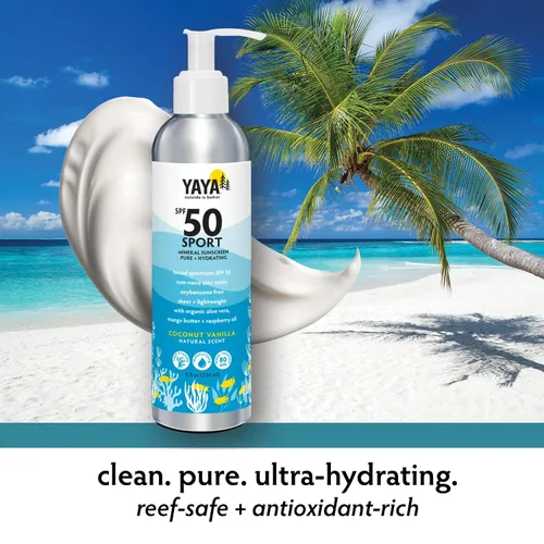 Vista 5 de YAYA ORGANICS Sport Mineral Sunscreen Lotion, SPF 50, apto para arrecifes, no nano óxido de zinc, resistente al agua, puro e hidratante, 8 onzas