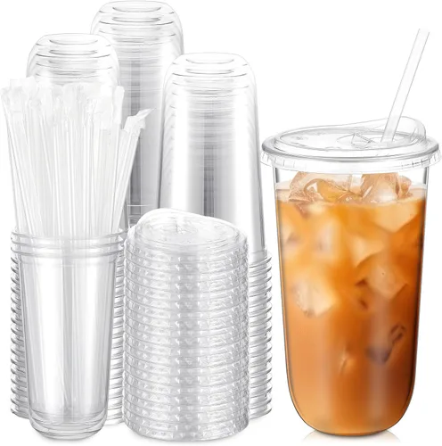 Vista 11 de Ziliny Paquete de 25 vasos de plástico transparente de 12 onzas con tapas para sorbos y pajitas, tazas desechables para café helado de cristal