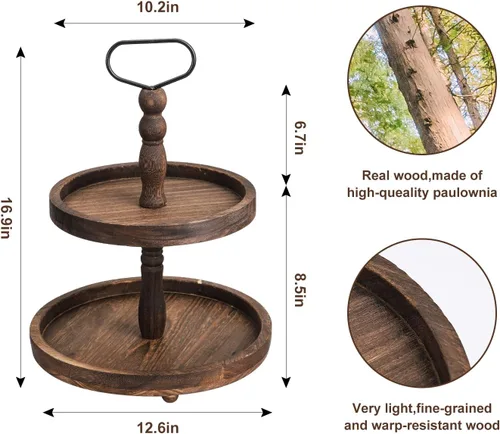 Vista 5 de Bandejas decorativas de madera de granja de dos niveles + bandeja de piel sintética, soporte de madera de 2 niveles para centro de mesa rústica