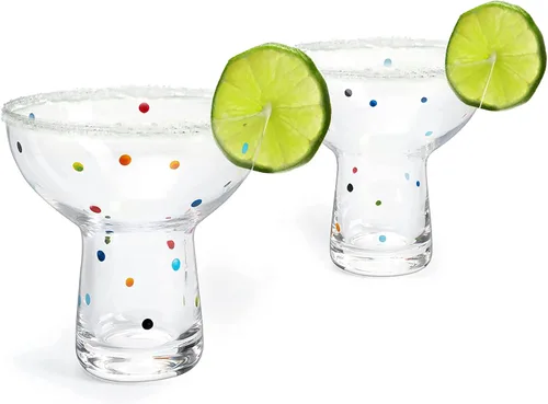 Vista 2 de Vasos coloridos soplados a mano con lunares – Margarita de confeti, copa de vino y Martini con puntos brillantes – Divertida cristalería retro