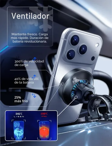 Vista 4 de LISEN Qi2.2 MagSafe - Cargador de montaje para automóvil de 25 W, carga Negro