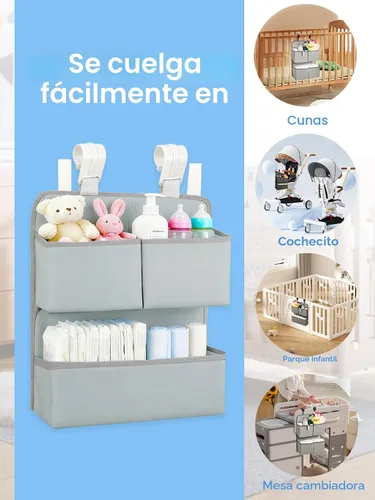Vista 6 de Organizador de pañales colgante para moisés, cuna, corral de juegos y corrales, capacidad para más de 80 pañales, accesorios de fijación para Gris