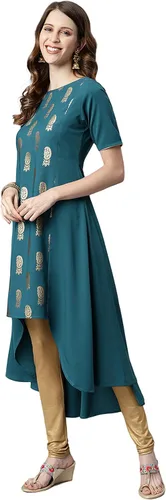 Vista 4 de Janasya Kurta de crepé polivinílico verde azulado para mujer india