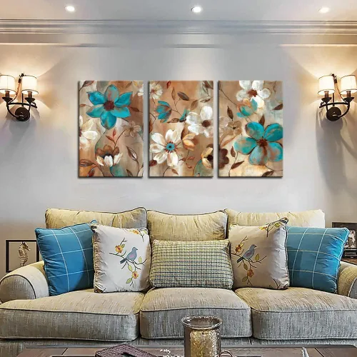 Vista 2 de Biuteawal - Pintura abstracta de flores sobre lienzo, arte de pared, diseño floral azul y blanco, ilustraciones decorativas contemporáneas