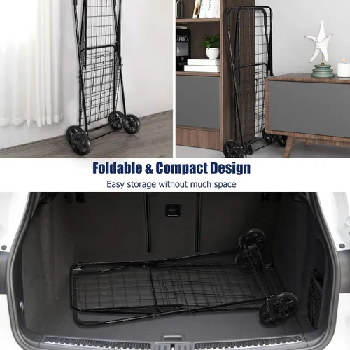 Vista 11 de Goplus Carrito de compras para comestibles, carrito de compras resistente plegable con ruedas, carrito de comestibles portátil colapsable, carrito