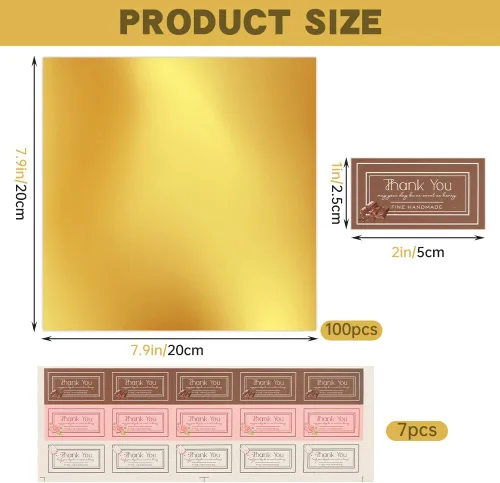 Vista 8 de Envolturas de chocolate, 100 unidades, 7.9 x 7.9 pulgadas, papel de regalo 100 envoltorios de lámina dorada · 105 calcomanías · cuadrados de 7.9 x