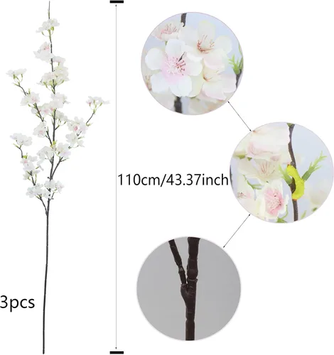 Vista 2 de CISDUEO 3 piezas de flores artificiales de cerezo de seda rosa, flores de durazno a granel de ciruelo con hojas, ramas de flor de cerezo, arreglos