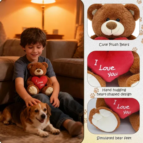 Vista 4 de ¡Te quiero! Oso de peluche de 10 pulgadas con corazón rojo, muñeca de oso de peluche suave, juguetes de peluche, regalos para ella/novia, amante