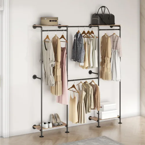 Vista 9 de KaKaBB Perchero industrial de tubería, perchero de pared para colgar ropa, perchero de esquina ajustable en forma de L con estantes, sistema de Negro