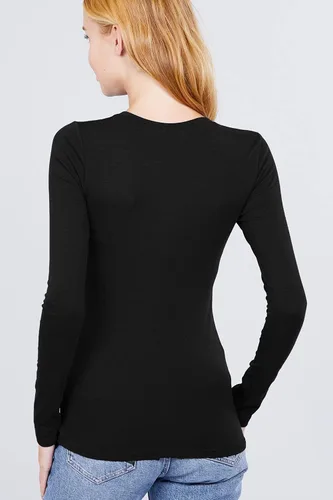 Vista 3 de Camisa básica de algodón suave y liso para mujer, manga larga, cuello redondo y cuello en V, tallas S a 2XL
