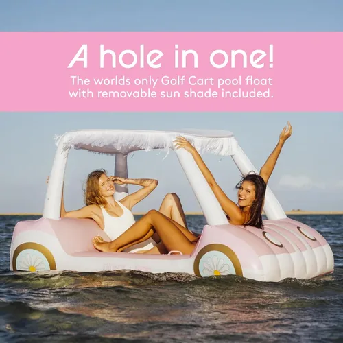 Vista 2 de FUNBOY Giant Inflatable Luxury Golf Cart Pool Float, Two Cup Holders, Removable Fringe Shade, Float for Summer Pool Party and Entertainment Carrito