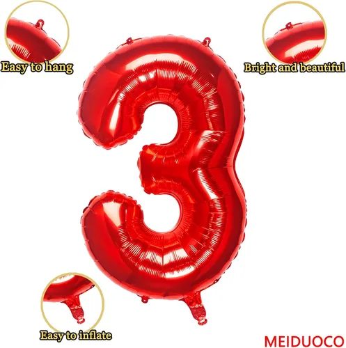 Vista 2 de Globos rojos de 32 pulgadas con el número 3 de aluminio, suministros de decoración de fiesta de cumpleaños (globo rojo del número 3)