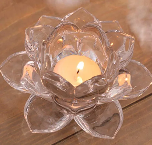 Vista 4 de Portavelas de cristal transparente con flor de loto – Portavelas de loto transparente, portavelas budistas, portavelas votivas de cristal