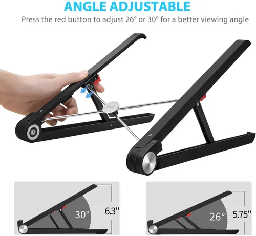 Vista 4 de Soporte portátil para laptop, elevador de monitor SAIJI , bloqueador de altura y ángulo ajustable, escritorio de pie plegable, soporte ligero