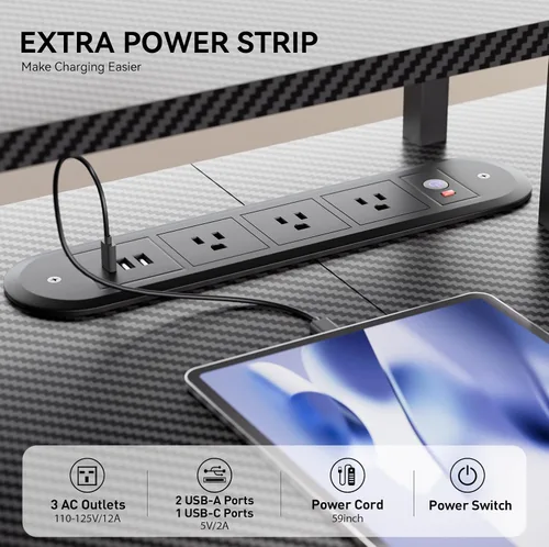 Vista 5 de HLDIRECT - Escritorio eléctrico de pie de 47 pulgadas con luces LED y tomacorriente, fibra de carbono