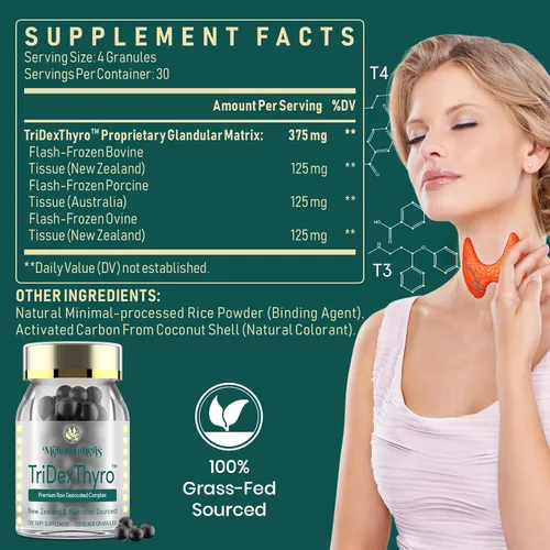 Vista 2 de Suplemento tiroideo – TriDexThyro Complejo tiroideo desecado crudo 375 mg con bovino, porcino y ovino – 120 cápsulas para mujeres y hombres