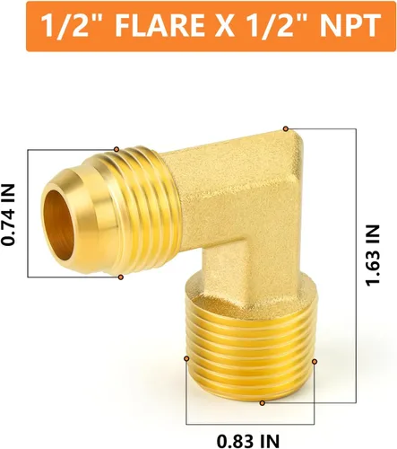 Vista 2 de GASHER Adaptador de codo de montaje de tubo de latón de 1/2 pulgada flare x 1/2 pulgada NPT macho Pipe