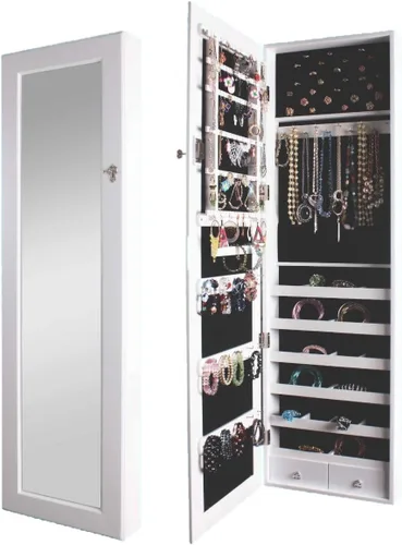 Vista 5 de BTEXPERT Premium joyería Armoire gabinete de madera gancho de pared sobre puerta colgadero organizador almacenamiento espejo almacenar anillos