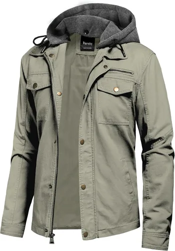 Vista 9 de Pursky Chaqueta de lona de algodón militar casual para hombre con capucha desmontable