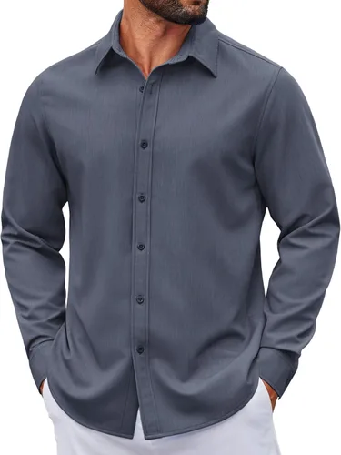 Vista 42 de COOFANDY Camisa de vestir casual de mezclilla con botones y manga larga para hombre
