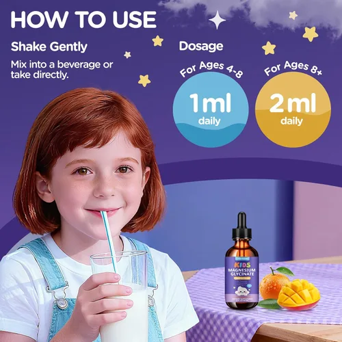 Vista 8 de Gotas líquidas de glicinato de magnesio para niños, magnesio para niños con L-teanina, omega-3, vitamina D3 K2, zinc para dormir, calma, relajación