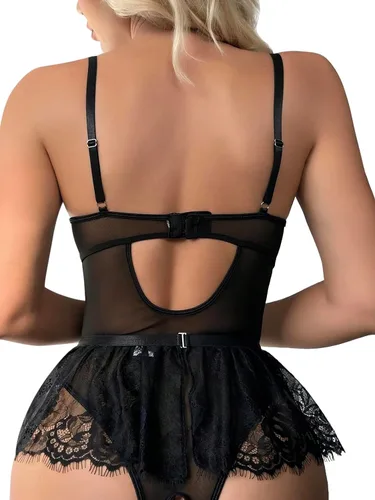 Vista 2 de Lilosy Conjunto de lencería sexy con aros de encaje floral de encaje transparente, 2 piezas