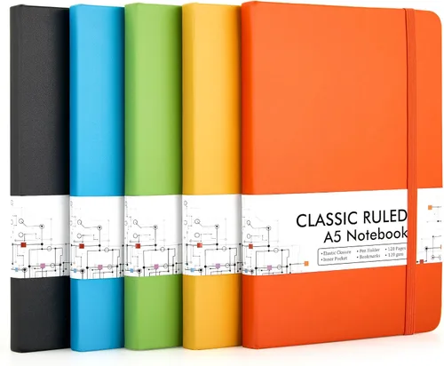 Vista 30 de feela Paquete de 5 cuadernos a granel, cuadernos de tapa dura clásicos rayados con soporte para bolígrafo para mujeres y niñas, suministros
