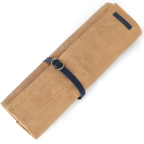 Vista 8 de Manjushri Bolsa enrollable para cuchillos de chef con 9 bolsillos de tela de lona y cinturón de cuero genuino. Negro