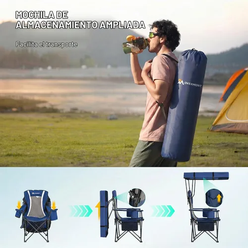 Vista 7 de Overmont Camping Chair with Canopy - Folding Chair with Adjustable Sunshade Full Sun Protection, Reinforced 600D Fabric, Cup Holder, Portable for