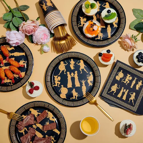 Vista 2 de Vesici 96 piezas de suministros de fiesta de mitología griega para invitados, platos inspirados en la mitología antigua, vasos, servilletas