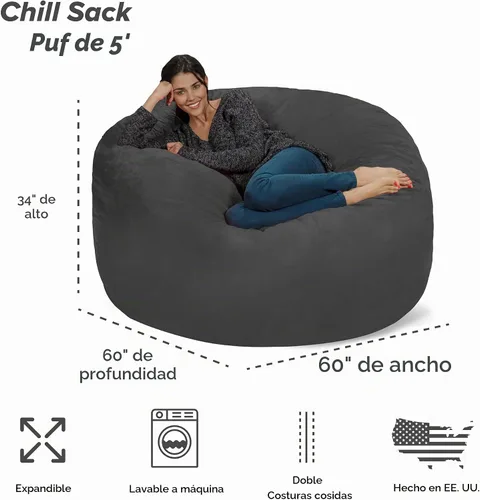 Vista 3 de Silla Chill Sack Bean Bag: muebles de espuma de memoria gigante y una tumbona grande. Gran sofá con gran cubierta de gamuza suave resistente al
