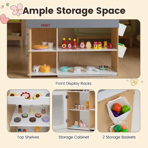Vista 5 de Costzon Juego de simulación para tienda de comestibles, tienda de juegos de madera, juego de supermercado para niños pequeños con caja registradora