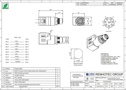 Vista 3 de Elecbee Adaptador de mamparo M12 a RJ45 impermeable M12 A Código 8 Pin hembra a RJ45 Jack de ángulo recto naranja