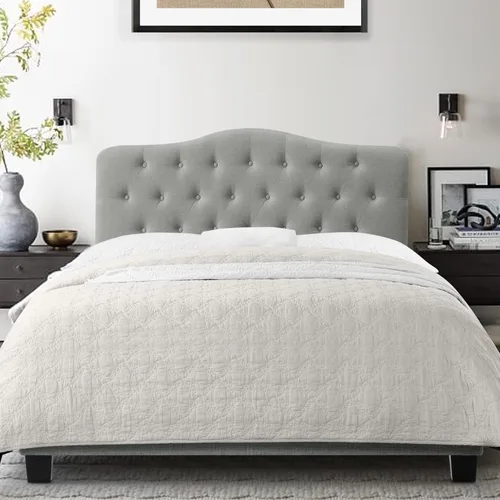 Vista 10 de Rosevera Carlisle Marco de cama con cabecera ajustable con botones para dormitorio, tapizado de lino, soporte de listones de madera, fácil montaje