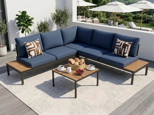 Vista 15 de KLMM Sofá modular de madera de acacia en forma de L para patio con cojines extraíbles y mesa auxiliar, juego de conversación al aire libre con mesa