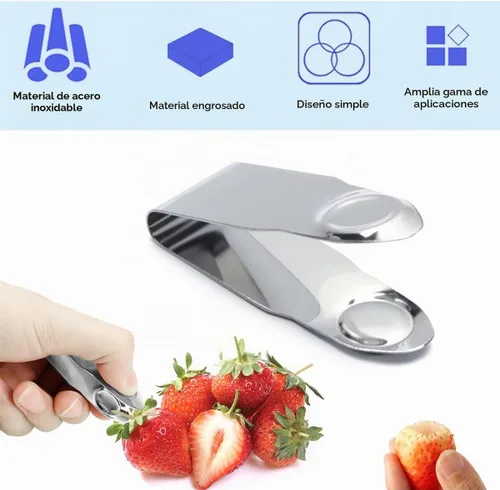 Vista 4 de 4 piezas de acero inoxidable fresa Huller, removedor de tallo de fruta, herramienta de cocina para bayas de tomate cherry, plata