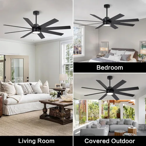 Vista 9 de WINGBO Ventiladores de techo CC grandes de 72 pulgadas con luces y control remoto, 3 varillas descendentes, 8 cuchillas de madera contrachapada