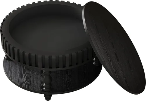 Vista 8 de Mesa de centro redonda de madera de 31.49 pulgadas con almacenamiento, mesa de centro circular acanalada de 2 niveles con tapa y estante para sala