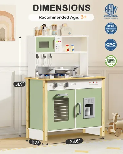 Vista 6 de Babytronic Cocina de juego para niños, juego de cocina de madera para niños a partir de 3 años con luces reales, sonidos, estufa, fregadero, horno