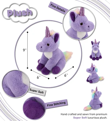 Vista 3 de DolliBu Peluche de unicornio morado – Unicornio suave para abrazar, adorable juguete de peluche de unicornio para jugar, lindo regalo de fantasía