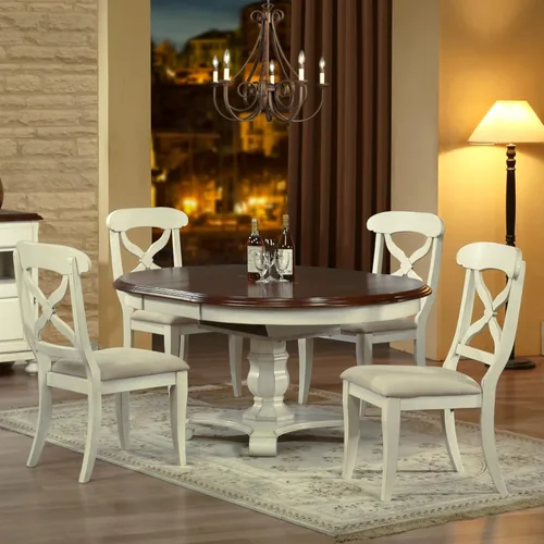 Vista 3 de Sunset Trading DLUADWTPB4866AWTB(4) DLUADWC12AWRTA - Juego de comedor de 5 piezas Andrews con hojas de mariposa, color blanco antiguo