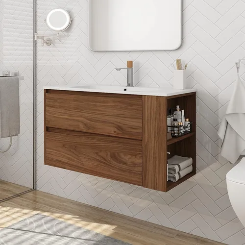 Vista 10 de Tocador de baño de 24 pulgadas con lavabo, juego de tocador flotante Mordern con mango de metal dorado y parte superior de fregadero de cerámica