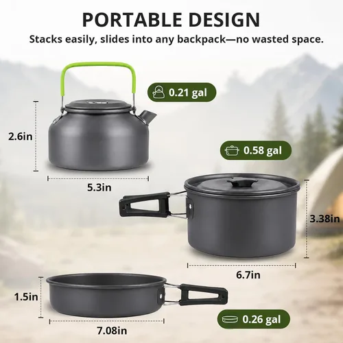Vista 2 de aiGear Camping Cookware with Pot Pan Kettle Cutlery Tableware (1-2 People) Lightweight aluminum alloy, folding handles, nesting design, portable