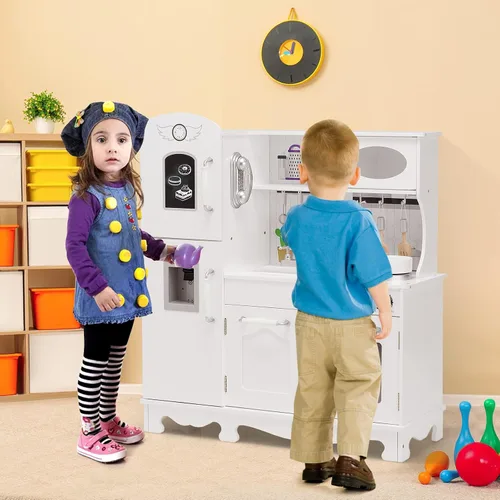 Vista 7 de GLACER Juego de cocina para niños con teléfono, juguetes Montessori de madera con luz y sonido, microondas, máquina de hielo, horno, fregadero