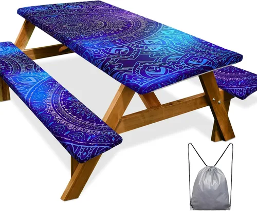 Vista 32 de Funda de mesa de picnic con fundas para bancos Esenciales de camping Mantel de picnic impermeable y a prueba de viento con bolsa de cordón, funda