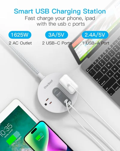 Vista 3 de Regleta protectora contra sobretensiones con 2 USB C, cable de extensión de enchufe ultra plano con 2 salidas de CA ampliamente y 3 USB, pequeña